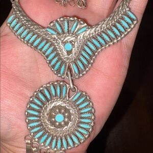 Zuni Turquoise Needlepoint Sterling Necklace & Earrings Set Signed